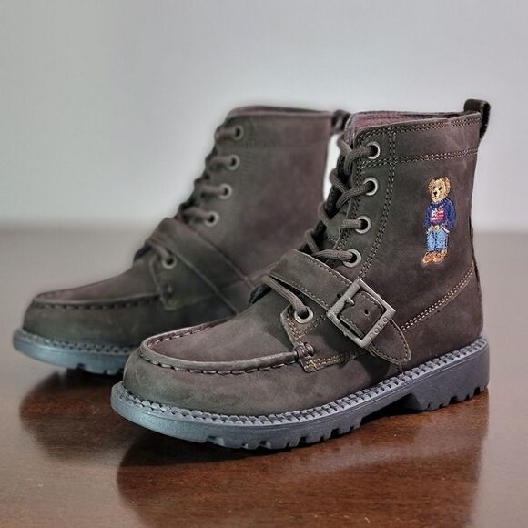 Polo Ralph Lauren Bear Leather Suede Brown Ranger Combat Boots Kids Sizes New - Picture 7 of 11